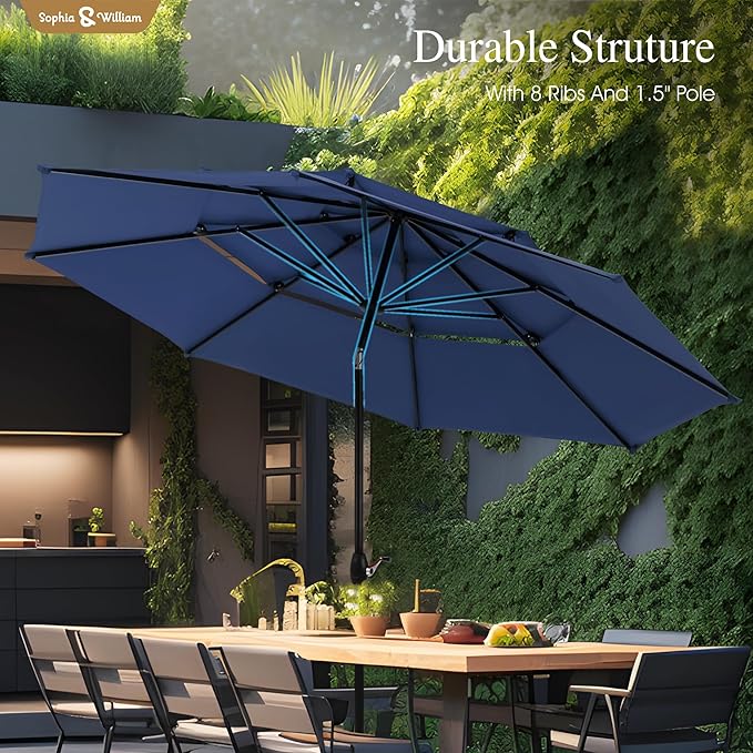 Sophia & William 10ft 3 Tier Auto-tilt Patio Umbrella, Outdoor Double Vented Umbrella with Crank, Navy