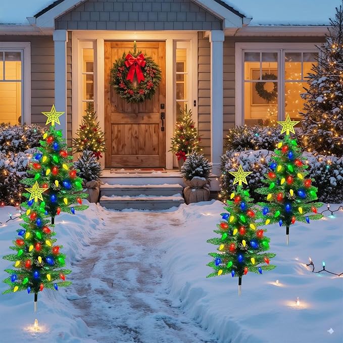 2-Pack Solar Christmas Tree, IP44 Waterproof Colorful Garden Stake Lights Christmas Decorations with 8 Lighting Modes 100 LED Beads for Porch, Pathway, Yard, Cemetery
