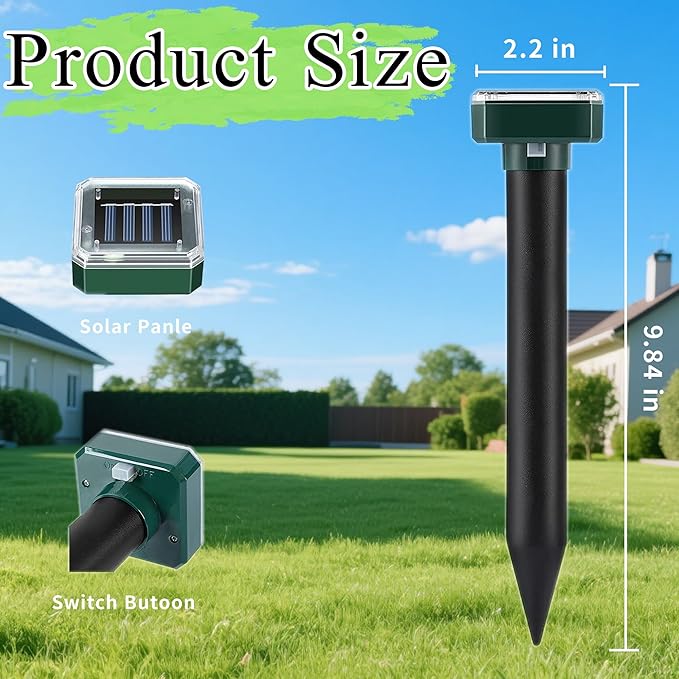 Mole Repellent Solar Powered 10 Pack, Snake Vole Repellent Outdoor,Waterproof Ultrasonic Deterrent Groundhog Squirrel Gopher Vole Deer and Chipmunk for Lawns Garden & Yard