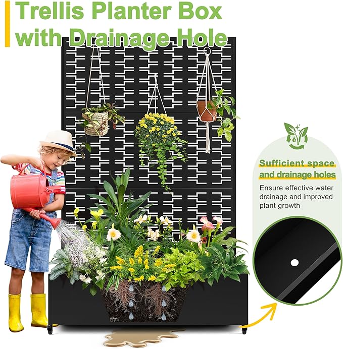 FENCY Metal Raised Garden Bed with Wheels and Trellis,73"x47"x16" Planter Box for Climbing Plants, Vegetables & Vines, Features Privacy Screen and Drainage Holes (Black-Brick)