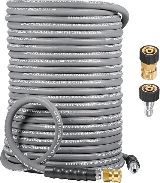 3/8" Pressure Washer Hose 125 FT 4500 PSI, Steel Braided Layer & NonMarking Rubber for Hot/Cold Water High Power Washer Replacement With 3/8 Inch Quick Connect & M22 Fitting, Industrial-grade