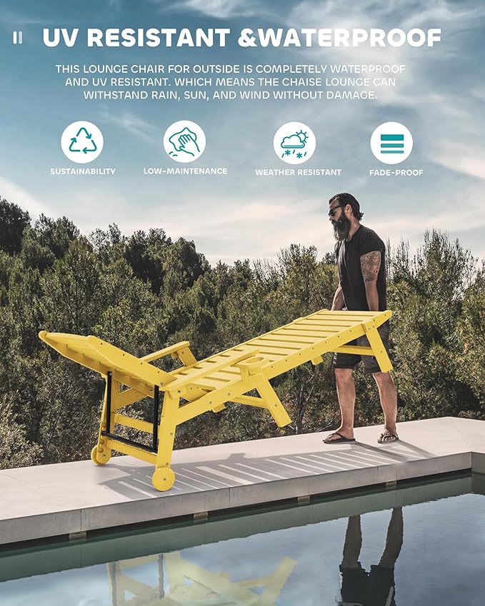 SERWALL Patio Chaise Lounge Chair, 78'' Long HDPE 5 Positions Adjustable Outdoor Lounger, Poly Lounge Chair with Rolling Wheels & Cup Holder for Pool, Lemon Yellow