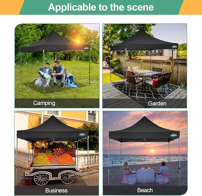 COBIZI 10x10 Pop Up Canopy Tent 10x10 Easy up Canopy, Heavy Duty Outdoor Canopy UPF 50+ All Weather Waterproof Instant Party Tents for Parties Gazebo with Handbag, Black(Windproof Upgraded)