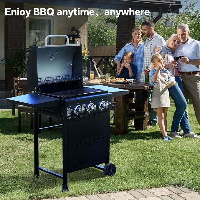 Outdoor Propane Grill 3 Burner gas grill, Outside Grill 30,000 Btu Gas bbq grill Built-In Accurate Thermometer. Asadores de gas for PatioGarden Barbeque With Foldable side table.