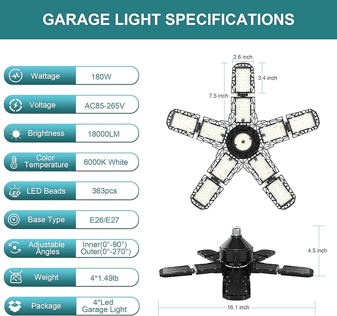 Nexillumi 4-Pack Led Garage Light 180W, 36000LM LED Shop Lights with E26/E27 Medium Base, 6000K Deformable Garage Lights Ceiling LED with 10+1 Adjustable Panels for Garage, Workshop, Attic, Basemen