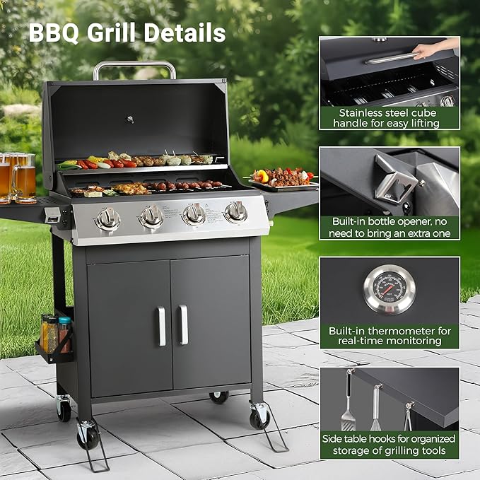 HUGROVE Propane Gas BBQ Grill with Wheels, 40,000 BTU Output Stainless Steel Barbecue Grill for Backyard & Outdoor Cooking Easy to Assemble, Foldable Side Tables & Spice Rack (Black)