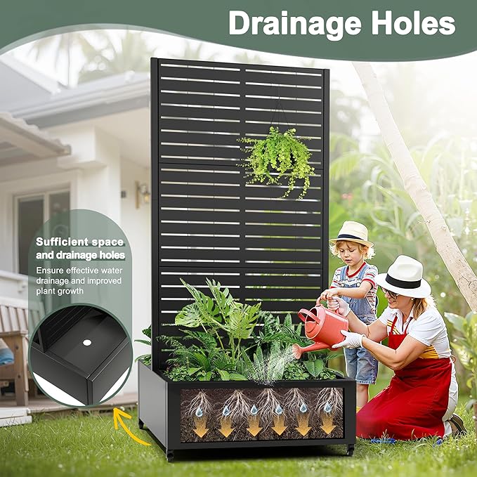 Metal Raised Garden Beds with Trellis and Wheels, Standing Planter Box with Privacy Screen for Outdoor Plants, Garden Boxes with Drainage Holes (35" L×24" W×71" H, Black)