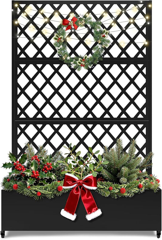 FENCY Metal Planter Box with Diamond Lattice Trellis Planter Box for Climbing Plants/Vines, Galvanized Raised Garden Bed On Wheels, Garden Bed with Trellis(73"x47" Black)