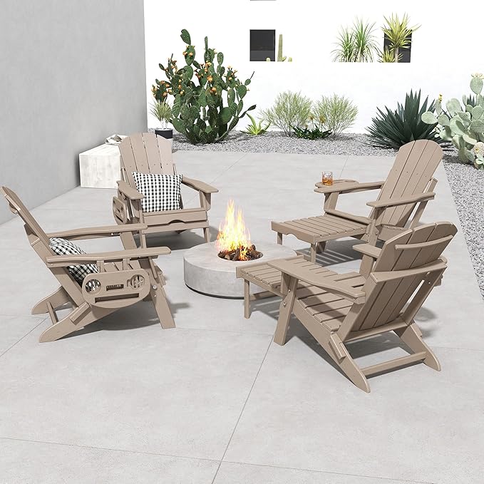 FOOWIN Folding Adjustable Adirondack Chair with Retractable Ottoman Set of 4, HDPE Adirondack Chair w/4 in 1 Cup Holder Trays,All-Weather Resistant Fire Pit Chair for Outdoor Patio Lawn, Brown