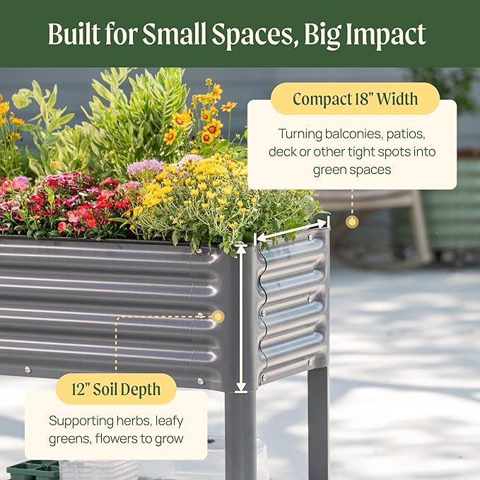 Elevated Raised Garden Bed- Slim Series, 1.5' x 3.5' Outdoor Planters Boxes with Legs & Storage Rack for Patio, 500 Lbs Weight Capacity, Raised Beds for Gardening Herbs Vegetables Flowers, Olive Green