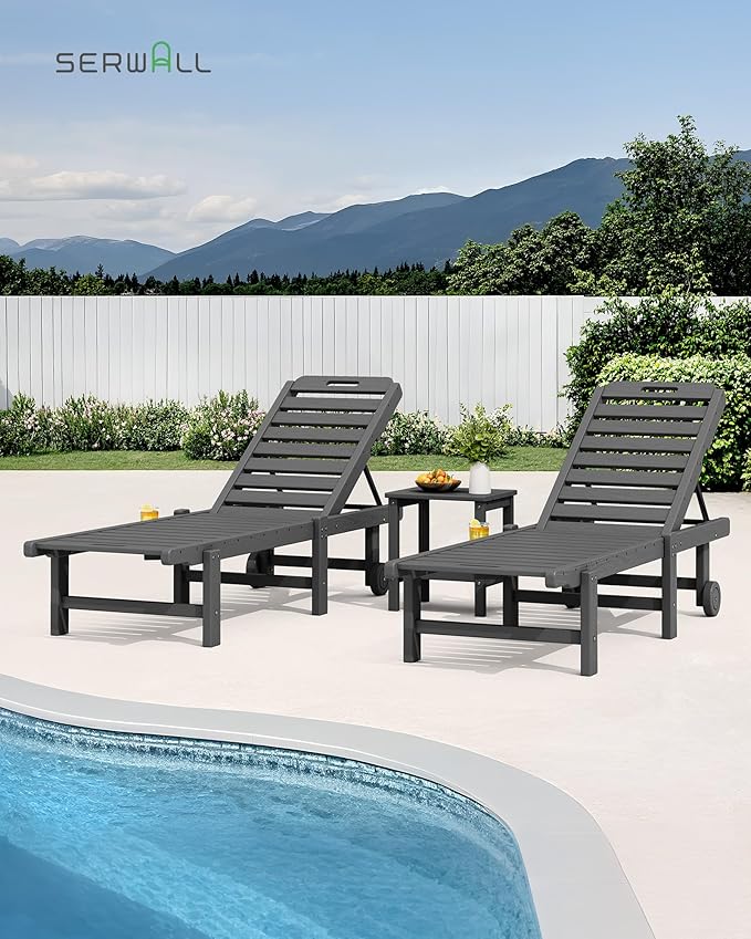 SERWALL Patio Chaise Lounge Set of 4, 78" Length Outdoor Lounge Chair with 5 Positions Adjustable Backrest, HDPE Lounge Chair with Rolling Wheels & Cup Holder for Poolside, Beach, Garden, Grey