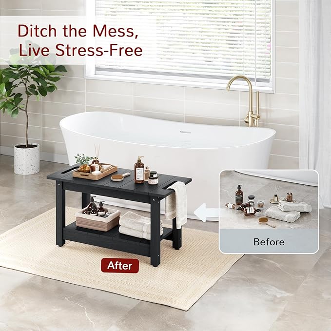 Stoog 24" Shower Bench, Waterproof Shower Stool for Shaving Legs, Adjustable and Non-Slip Feet, Shower Chair for Inside Shower, Black