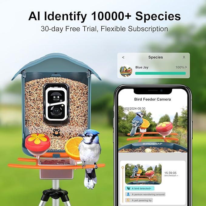 birdsnap® PAV-Bird Feeder with Camera 2K HD, 64GB Card, AI Identify Bird Species Smart Bird House with Camera Solar Powered, Record Video Live View, Auto Capture, Ideal Gift for Birds Lover