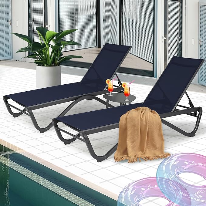 Kozyard Patio Chaise Lounge Chair Set Full Alumium Outdoor Reclining Adjustable Chair Flat Poolside Lounge Chairs for Sunbathing, Patio, Beach 2NavyBlue Textilene W/Table