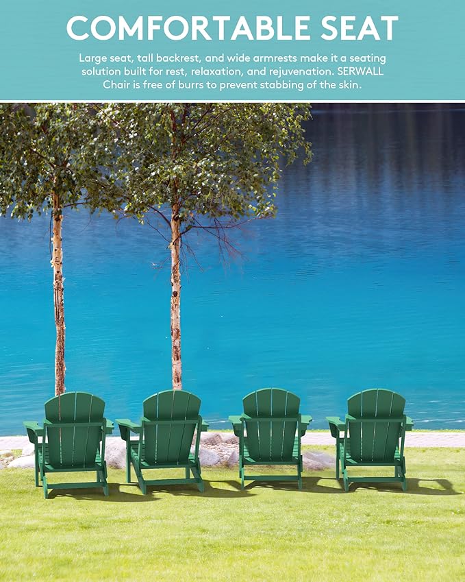 SERWALL Foldable Adirondack Chair Set of 2 for Patio Garden Outdoors Fire Pit Chairs-Green