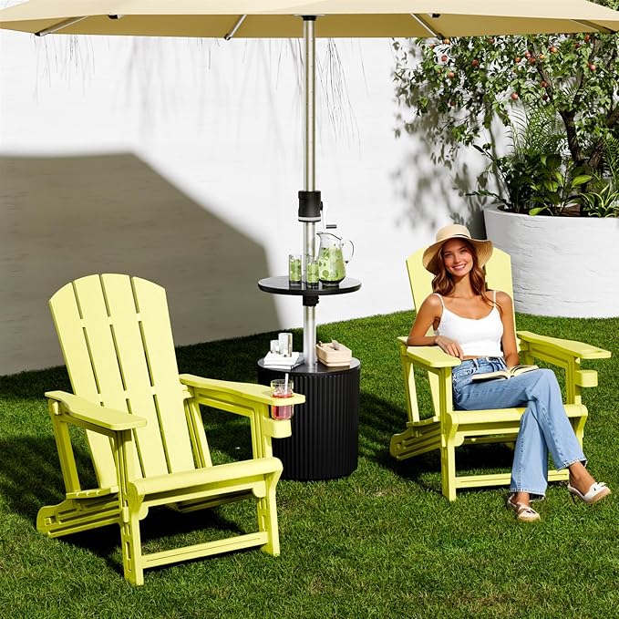 Adirondack Chairs Set of 2, Adirondack Chair with Cup Holder,Wooden Textured Plastic Fire Pit Chair,All-Weather Outdoor Patio Chairs for Lawn,Backyard Deck, Porch,400LBS Heavy-Duty,Yellow