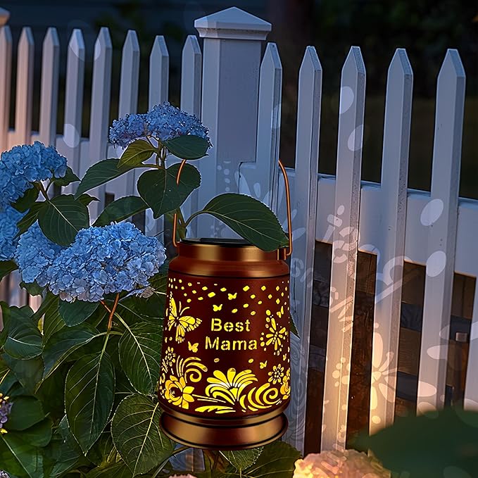 KY&BOSAM Solar Butterfly Mama Lanterns Outdoor Waterproof,LED 300 Lumens Metal Hanging Outside Lantern Lights Decorative for Yard Backyard Porch Garden Decorations Birthday Gifts for Women Mom Grandma