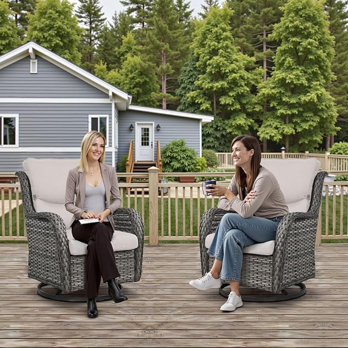 Outdoor Swivel Rocker Patio Chairs Set of 4 with Side Table - 5" Thick Cushion 6 Piece Furniture Set All Weather Comfortable Wicker Conversation Set for Porch Poolside and Deck - Gray/Beige