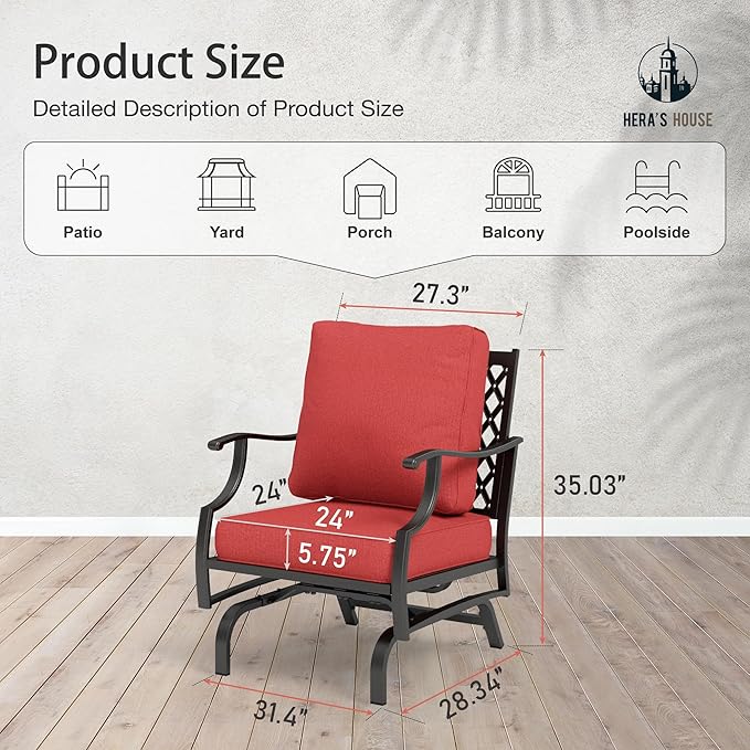 HERA'S HOUSE Outdoor Chairs Set of 2, 2 x Patio Chair with Red Cushions, All Weather Outdoor Furniture for Lawn Garden Backyard Deck(Rocking Chairs)