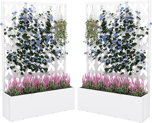 2PCS Metal Planter Box with Trellis,70.9"x47.2"x15.7" Raised Garden Bed with Drainage Holes, Privacy Planters for Outdoor Garden Bed for Climbing Plants,Vegetables,and Vines, White-X