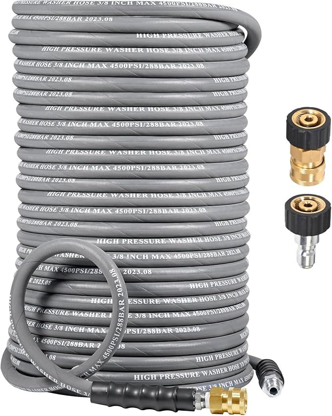 3/8" Pressure Washer Hose 150 FT 4500 PSI, Steel Braided Layer & NonMarking Rubber for Hot/Cold Water High Power Washer Replacement With 3/8 Inch Quick Connect & M22 Fitting, Industrial-grade