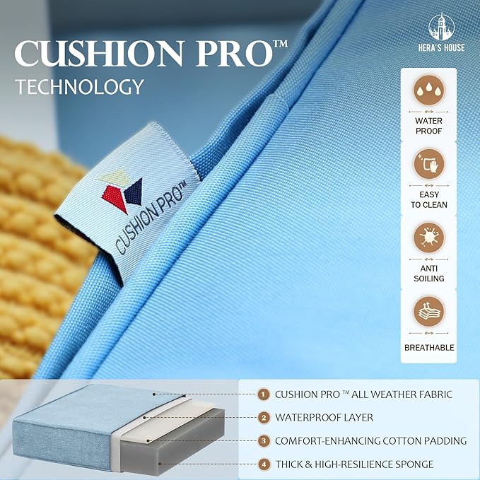 HERA'S HOUSE 5 Pieces Fire Pit Patio Furniture Set, 4 x Thick Cushioned Swivel Chairs with 28" Fire Pit Table (50,000 BTU), Outdoor Conversation Set for Garden, Backyard, Lawn, Blue