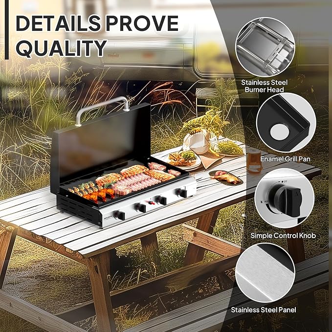 ROVSUN 4 Burner Portable Propane Griddle with Ignition & Regulator, 40,000 BTU Tabletop Flat Top Gas Grill with Enameled Tray & Lid for Outdoor Cooking Camping BBQ Tailgating Electronic