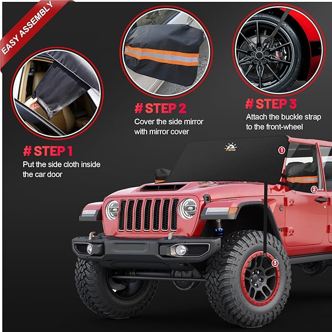 Zettum Car Windshield Snow Cover for Jeep Wrangler - 600D Car Windshield Snow Ice Cover Front Window Covers for Jeep Wrangler, Jeeps Gladiator, Ford Bronco, Toyota FJ Cruiser, Benz G Class, and More