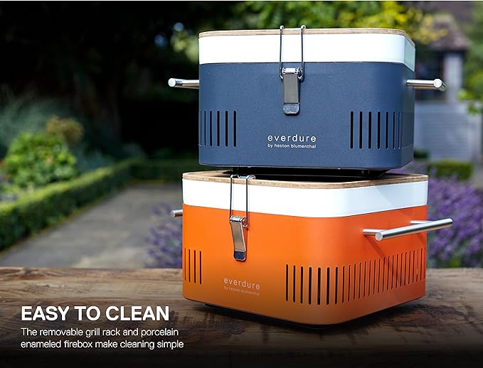 Everdure Cube Portable Charcoal Grill, Tabletop BBQ, Perfect Tailgate, Beach, Patio, or Camping Grill, Lightweight & Compact Small Grill with Preparation Board & Food Storage Tray, Orange