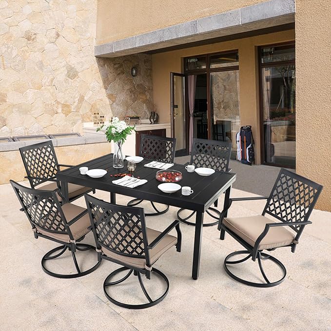 MFSTUDIO Patio Dining Set for 6, Metal Patio Table and Chairs Set, 7 Piece Outdoor Dining Set with Expandable Table and Swivel Chairs