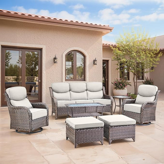 Swivel Patio Chairs sofa Set of 7 with 6" Thick Cushion - Wicker Outdoor Swivel Rocker Patio Chair ,Sofa/Glass coffee table, High Back Comfortable Outdoor Glider Chairs - Brown Wicker Beige Cushions