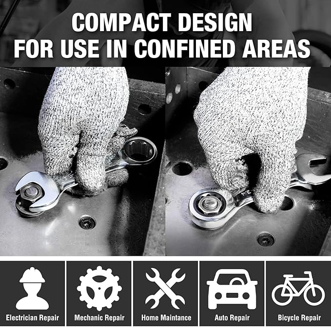 DURATECH Stubby Ratcheting Combination Wrench Set, SAE, 8-Piece, 5/16'' to 3/4'', CR-V Steel, with Rolling Pouch