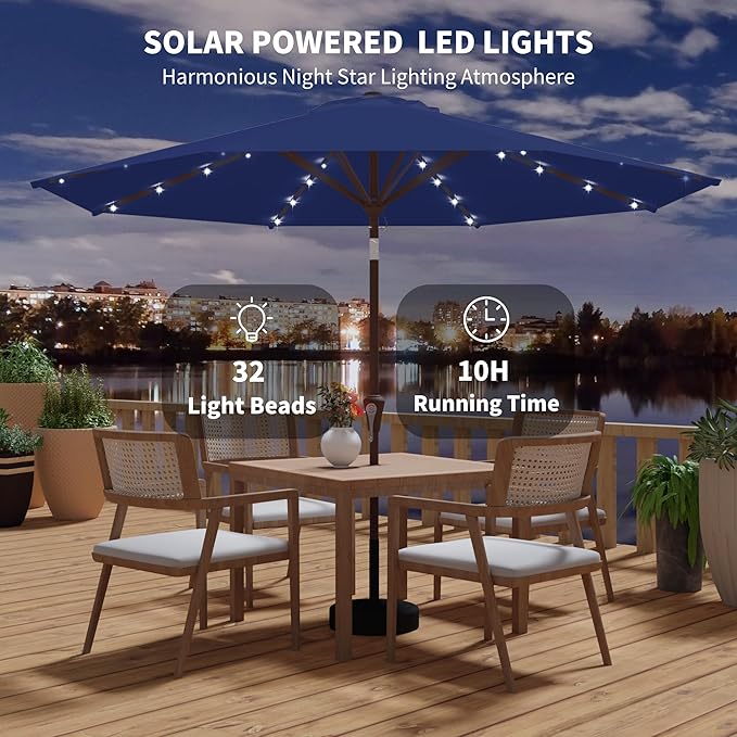 Kingdura 10FT Outdoor Patio Umbrella with Solar Lights, Market Table Umbrella with Push Button Tilt & Crank, 8 Sturdy Ribs, 32 LED Lights, UV Protection for Garden Lawn Deck Backyard Pool (Navy blue)