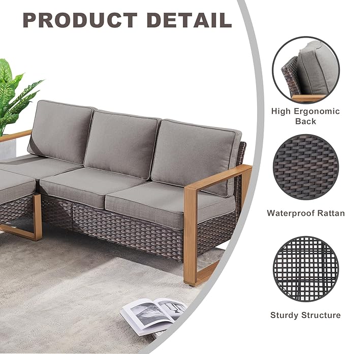 Rilyson Outdoor Wicker Patio Furniture Set - 5 Piece Patio Conversation Set with 2 Wicker Swivel Rocker Chairs,2 Rattan Ottoman and 1 Couch,Thick Cushions,Deep Seating,Wide Armrest(Brown/Grey)