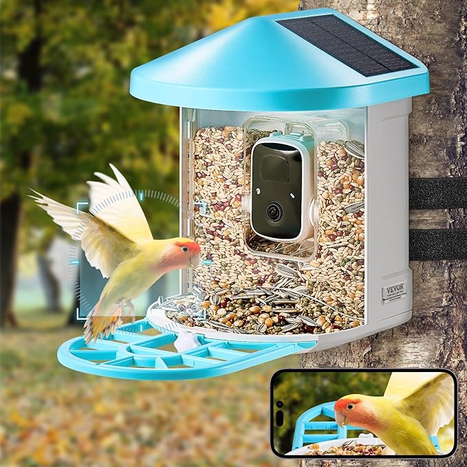 VEVOR Bird Feeder with Camera Solar Powered, Smart Bird Feeder with 3 Solar Panels, Wireless Video Birdfeeder with AI Identify, 2K Full HD, Auto Detect & Notify, Ideal Gift for Bird Lover