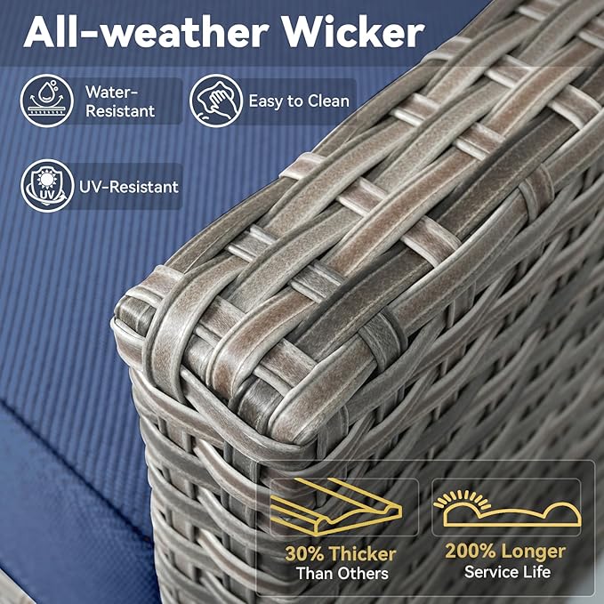 9 Piece Outdoor Patio Furniture Set-All Weather Outdoor Conversation Sets Sectional Sofa with Wicker Swivel Rocker Patio Chairs, Comfy Cushions Ottomans for Porch Balcony Patio Deck Grey/Blue
