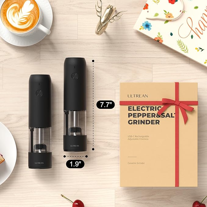Ultrean Pepper Grinder, Rechargeable Salt and Pepper Grinder with 6 Adjustable Coarseness, LED Light, Automatic Grinder for Kitchen, Christmas Gifts for Women, Black