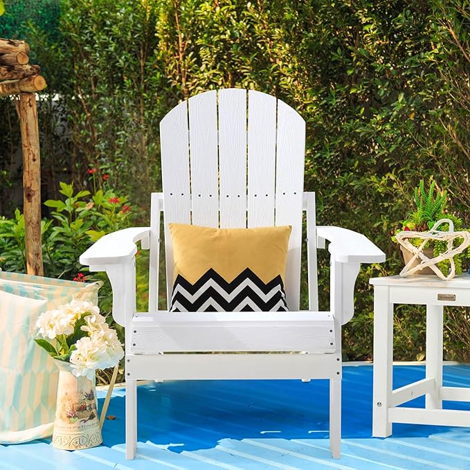 Folding Adirondack Chairs Set of 4, All Weather Resistant Plastic Chair with Cup Holder, Fold or Unfold Easily in 1 Second, Outdoor Chairs for Patio, Garden, Backyard Deck, Lawn Fire Pit(White)