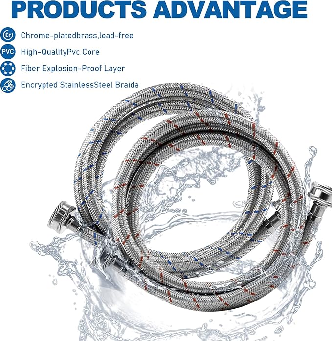 Washing Machine Hoses,Stainless Steel Washing Machine Hose 4ft -2 Packs Braided Premium Washer Hoses Supply Lines-washer hoses 6ft Hot and Cold Striped Water Connection