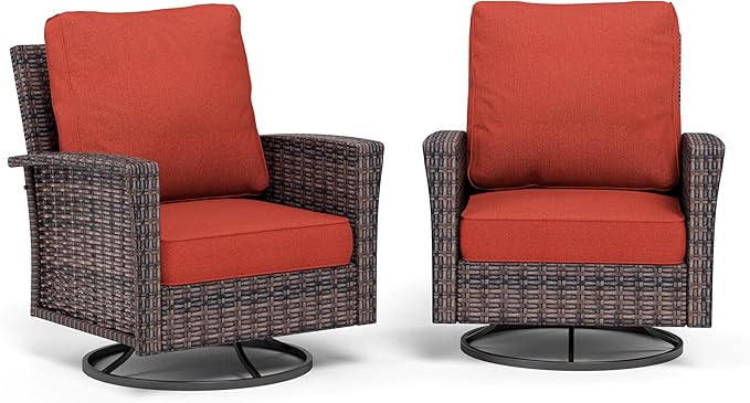 Patio Wicker Swivel Chairs Set of 2, Outdoor High Back Chairs with 5.5" Waterproof Cushions, Outdoor Furniture Set for Deck Porch and Yard, Peacock Blue