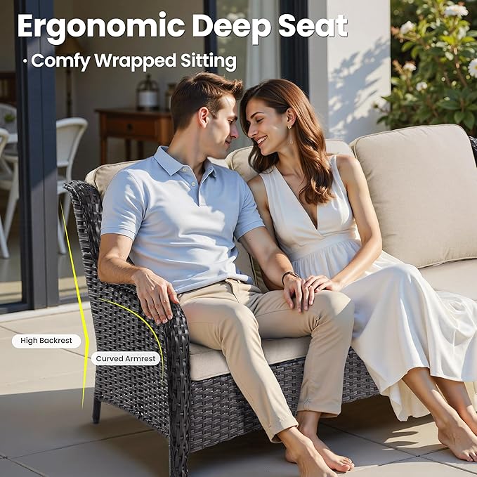 ovios 5 Pieces Patio Furniture Set, Outdoor Wicker Sofa Couch with Swivel Chairs 42" Fire Pit Table, High Back All Weather Modern Conversation Sets, Brown Rattan, Beige