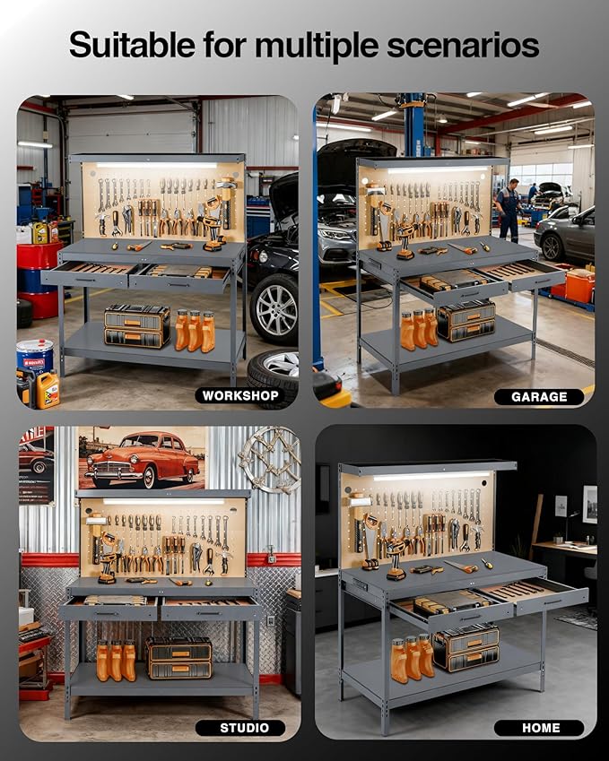 Work Bench, A3 Steel Garage Storage Workbench with Drawers Pegboard 600LBS Capacity Work Tool Bench, Workbench for Garage Workshop Basement, Work Table Light Gray