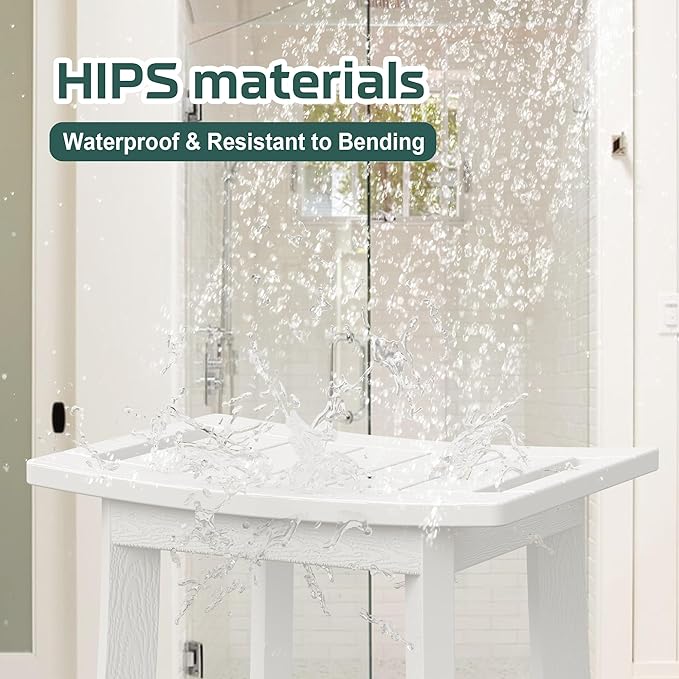 HIPS Shower Benches for Inside Shower, Waterproof Shower Stool with Storage Shelf & Adjustable Feet, SPA Bathroom Seat Chair for Shaving Legs, Indoor or Outdoor Use, White