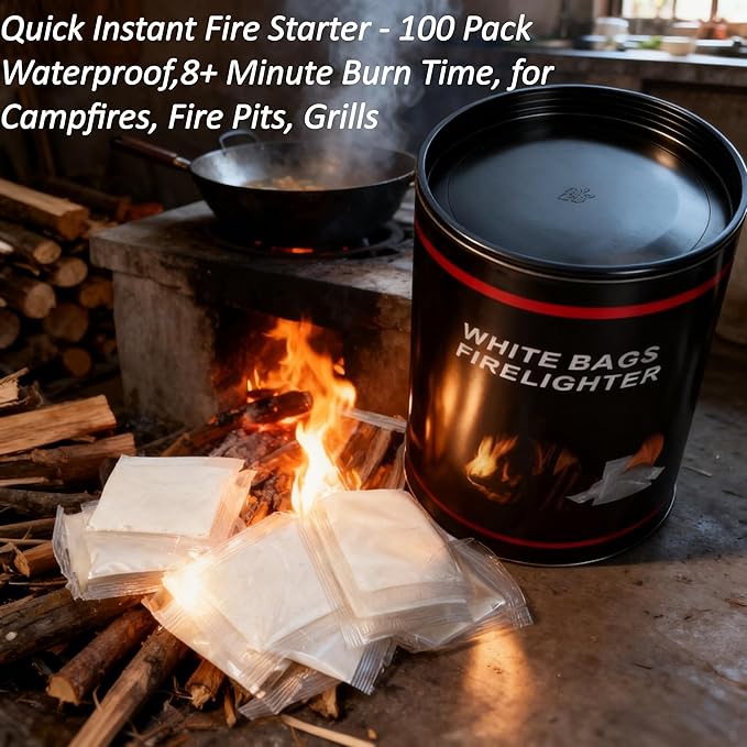 Quick Instant Fire Starter - 100 Pack Waterproof,8+ Minute Burn Time, for Campfires, Fire Pits, Grills