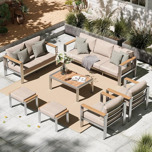 Aluminum Outdoor Patio Furniture Set with Coffee Table, 7 Piece Patio Conversation Sets with Thick Cushion, Ottomans, Patio Sectional Furniture Set for Porch, Balcony, Deck, Yard, Silver