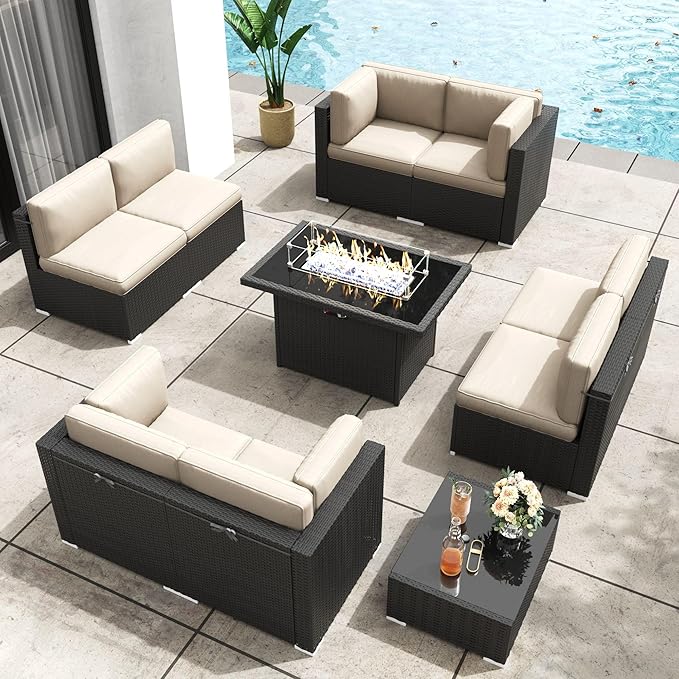 Patio Furniture Set with Fire Pit Table, 10 Pieces Outdoor All-Weather Wicker Conversation Sectional Chair Sofa Set