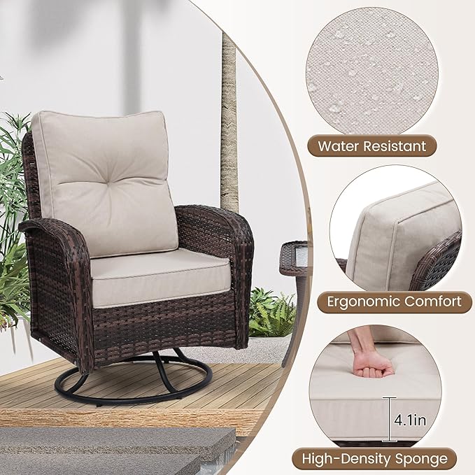 Luxury Outdoor Swivel Wicker Glider Patio Chairs with Table Set, Overstuffed Washable Cushions, Ideal for Porch, Balcony, Deck, Brown Rattan and Beige Cushion