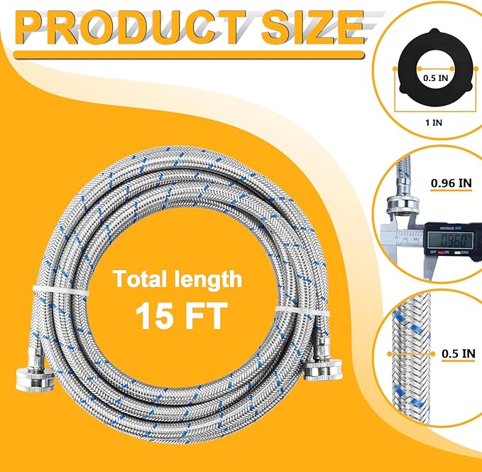 Cenipar 15FT LONG Washing Machine Hoses Straight Stainless Steel Burst Proof 2 Pack - Hot and Cold Water Supply Hoses with 3/4'' Standard NPT Connector Fit for ALL Washing Machine