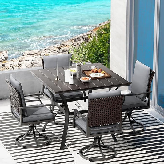 LEVELEVE 5 Piece Outdoor Patio Dining Set with 4 Swivel Dining Chairs & 1 Large Square Dining Table,Bistro Furniture Set for Lawn, Garden, Deck, Backyard and Porch