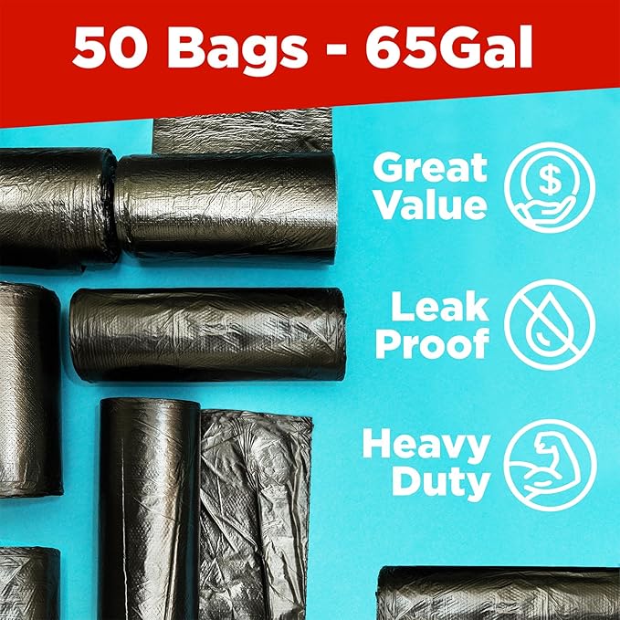 ToughBag 64-65 Gallon Trash Bags, 50x60" Extra Large Trash Can Liners for Toter, (50 Count) Heavy Duty – Made in USA